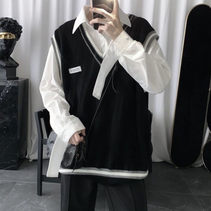 Áo gile đen phối viền 4 mùa unisex