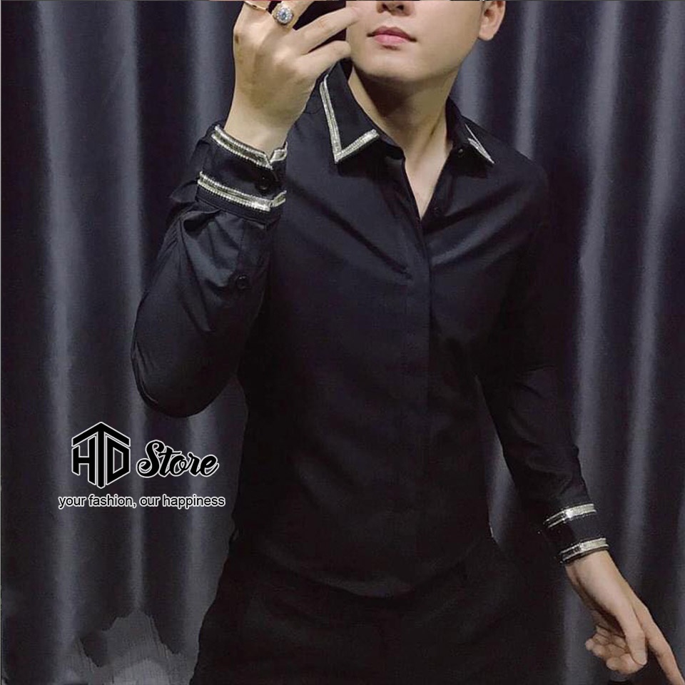 (2 màu) Áo sơ mi nam đen tay dài viền họa tiết cực đẹp SM07 | hàng cao cấp | HTD Store