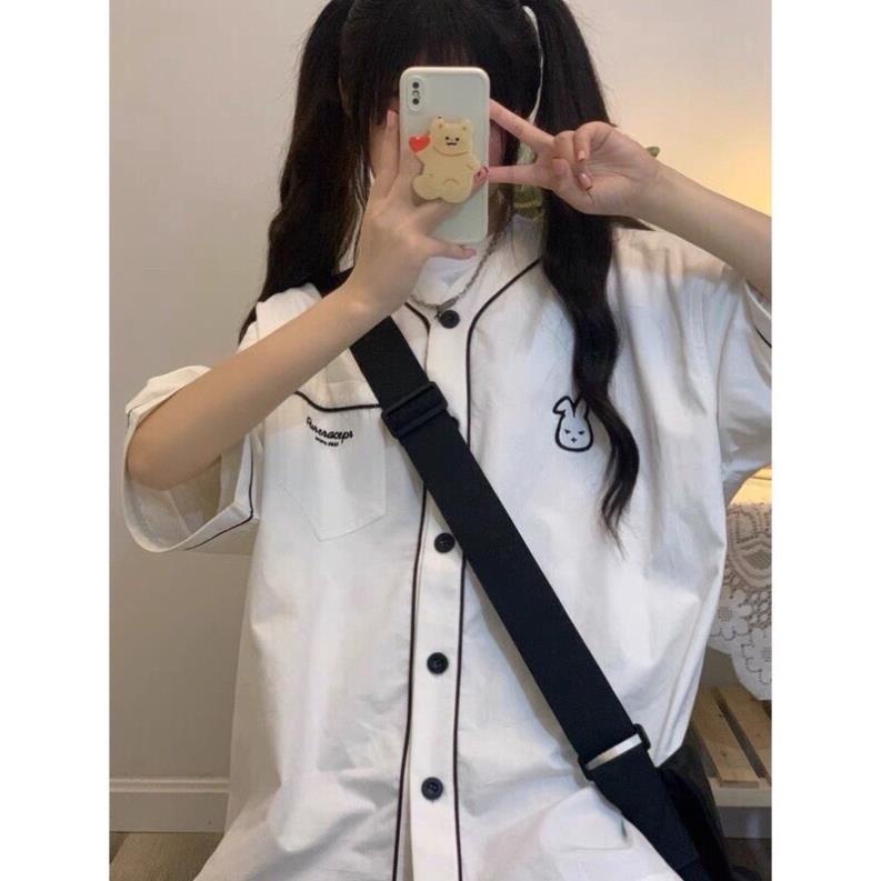 [NEW] Áo Sơ Mi Nữ Form Rộng Tay Ngắn Áo Kiểu Nữ Cổ V  Mềm Mịn Thêu Logo Thỏ ❤️(Hàng Sẵn)