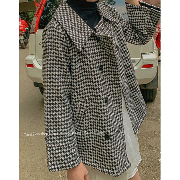 Áo dạ nơ đen hoạ tiết răng sói - Áo khoác dạ form vừa | BigBuy360 - bigbuy360.vn