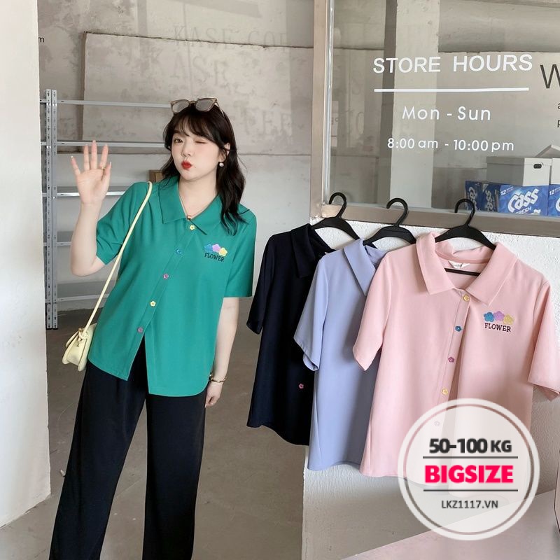 Áo thun polo Bigsize Áo kiểu nữ form rộng tay ngắn có cổ Họa tiết thêu xẻ tà mùa hè Phong cách Hàn Quốc Thời Trang tiểu thư cá tính xinh đẹp cho người mập béo