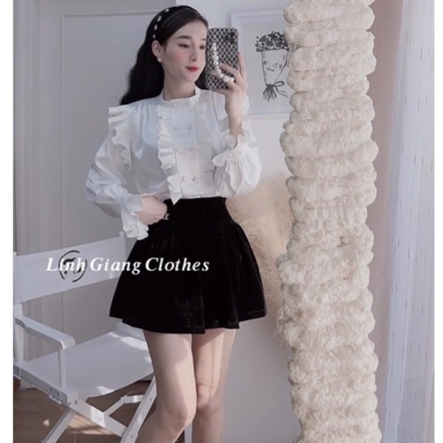 SET ÁO SƠ MI BÈO MIX CHÂN VÁY NHUNG DÁNG XOÈ SIÊU XINH