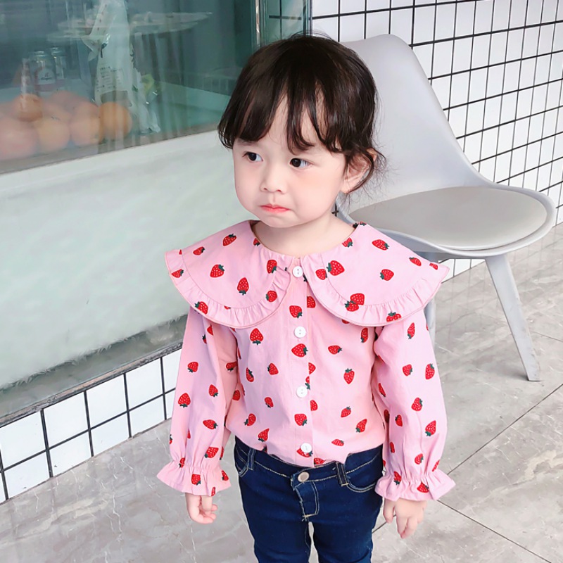 Áo Blouse Bé Gái Tay Dài Hình Quả Dâu Phong Cách Hàn Quốc