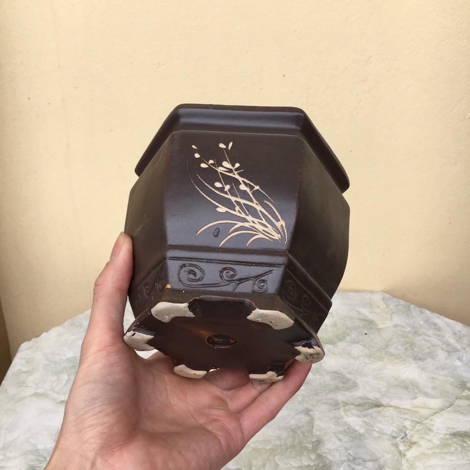 Chậu bonsai Lục khum chân cao đất nung gốm Bát tràng 1 size BM-155