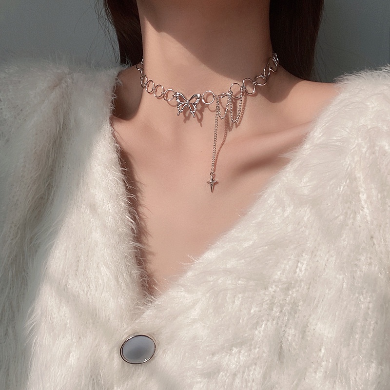 Vòng cổ choker Hishop chất liệu bạc mặt hình bướm thời trang Hàn Quốc dành cho nữ