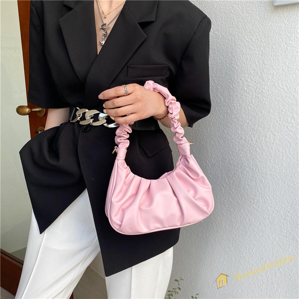 【On Sale】Fashion Women Pure Color Canvas Shoulder Underarm Bag Pleated Hobos Handbag