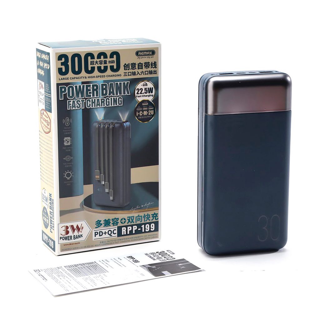 Pin sạc dự phòng Remax RPP-199 30000mAh QC22.5W PD20W, 3 Inputs 6 Outputs, lõi Li-Polymer (Xanh)