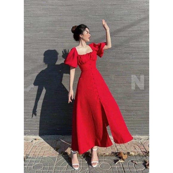 🤍ĐẦM MAXI BASIC TAY BỒNG NÚT BỌC