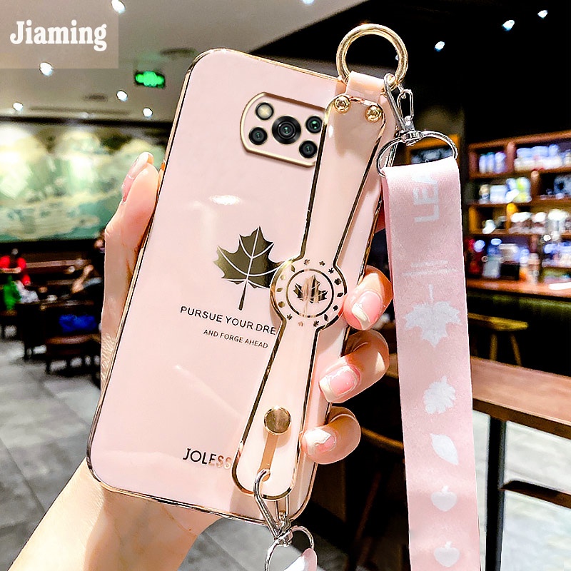 Ốp Điện Thoại Viền Thẳng Mạ Điện Họa Tiết Lá Phong Kèm Dây Đeo Và Vòng Tay Cho Xiaomi Poco X3 Pro Poco X3 NFC