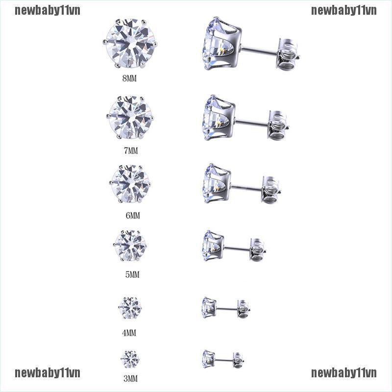 Set 6 đôi khuyên tai tròn bằng thép không gỉ đính đá zirconia cỡ 3mm-8mm thời trang