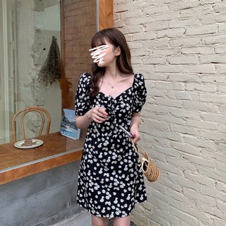 Đầm váy maxi retro cổ vuông trễ vai hoa nhí dáng xòe