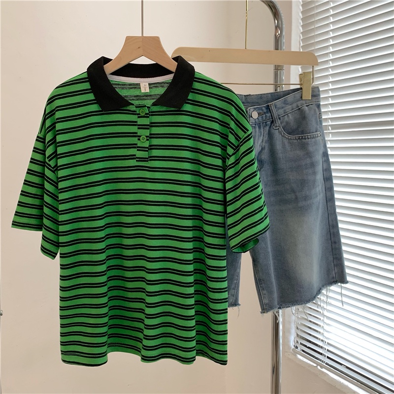 SUXI Áo polo Ngắn Tay Dáng Rộng Họa Tiết Kẻ Sọc Tương Phản Thời Trang Mùa Hè Cho Nữ