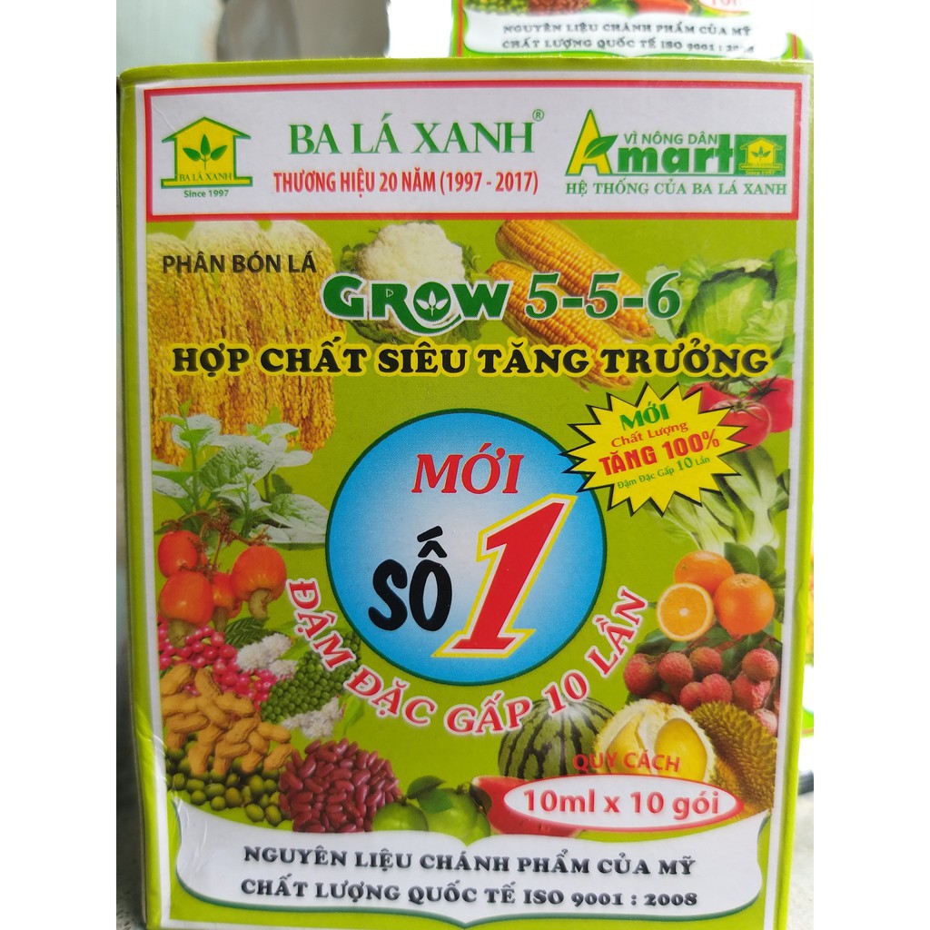 Phân Bón Lá Ba Lá Xanh GROW 5-5-6. Đậm Đặc Số 1 Gấp 10 lần. Chánh phẩm Mỹ giúp tăng trưởng vượt trội