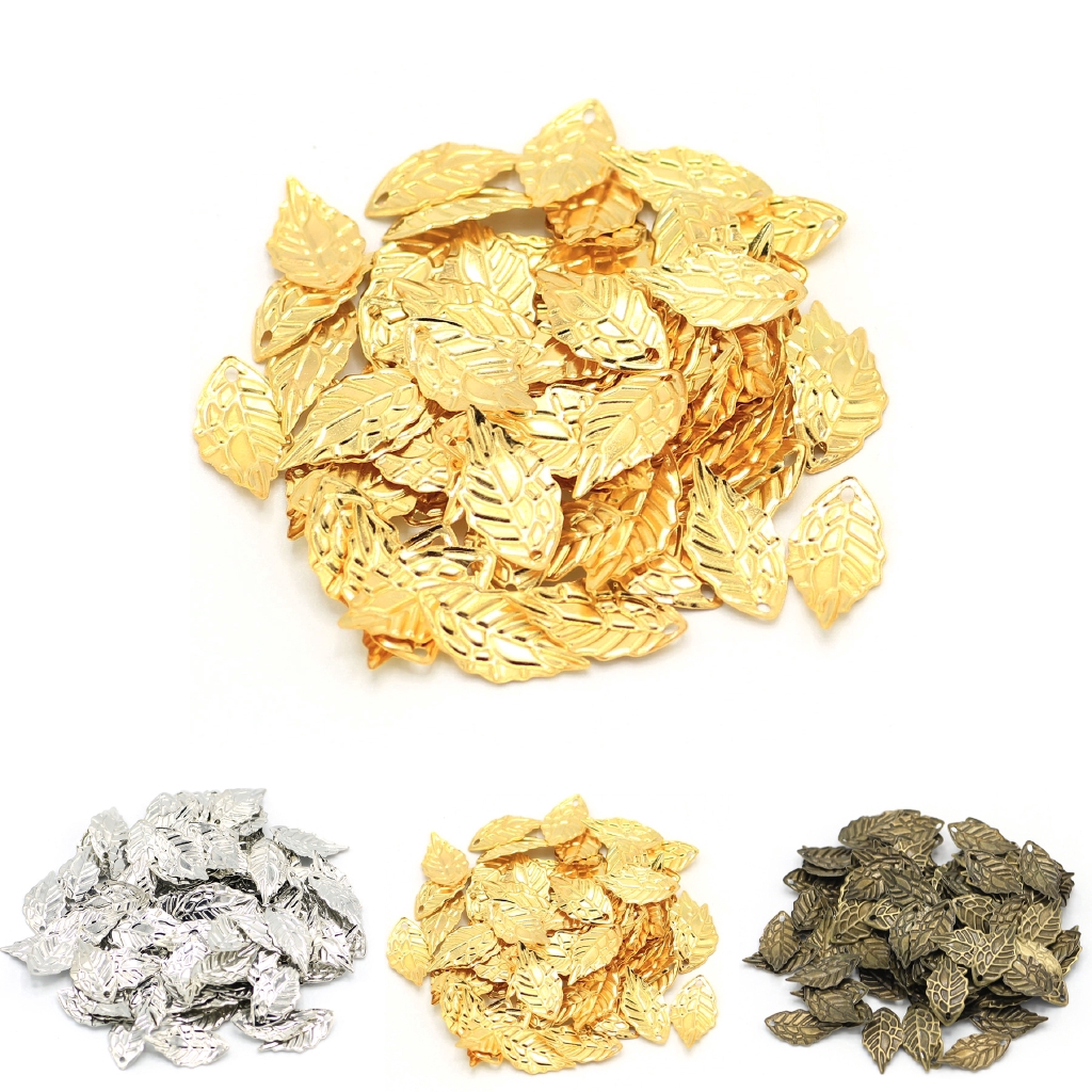 20 Pcs/ Set Metallic Leaf Shape Print Beads with Holes/ DIY Dangle Earring Charms Pendants/ Floating Flower for Jewelry Making