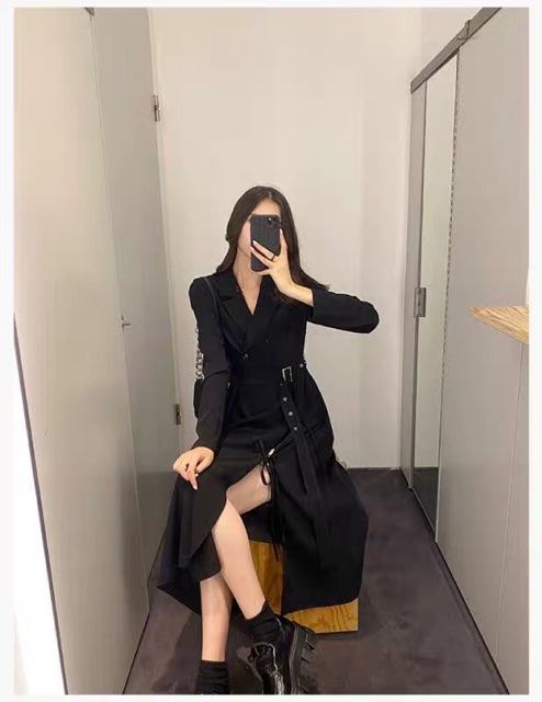 Váy đầm cổ vest dáng dài thắt đai xẻ tà đùi sang trọng công sở đi làm đi chơi du lịch thu đông