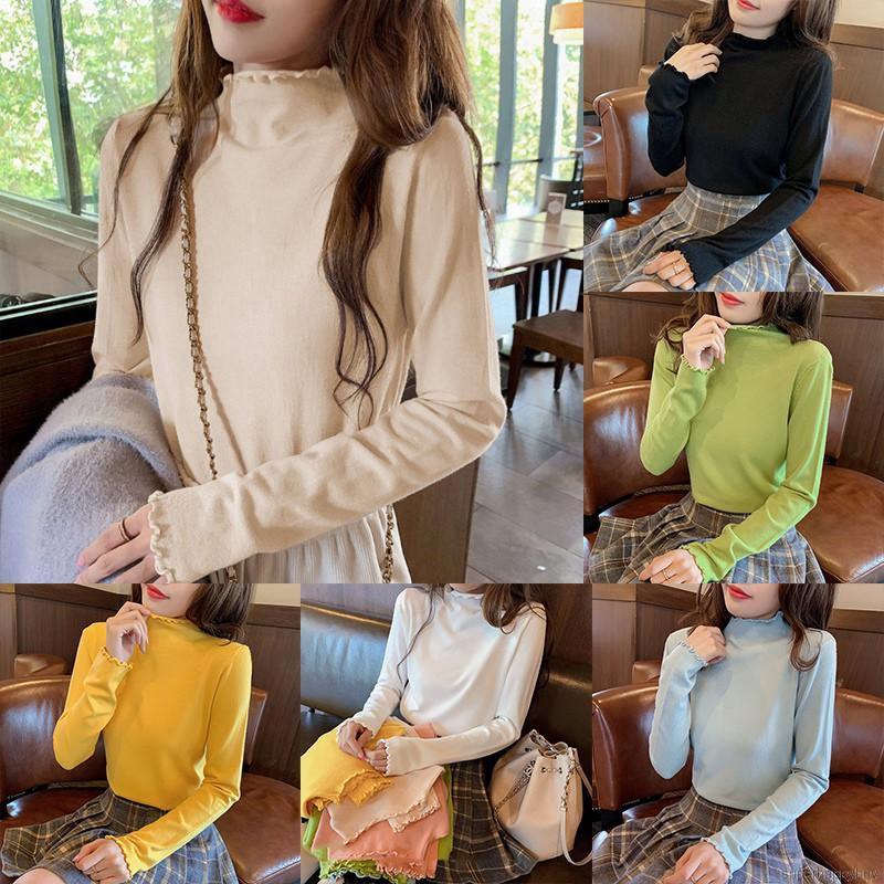 Áo thun tay dài cổ lọ màu trơn dáng rộng thời trang cho nữ