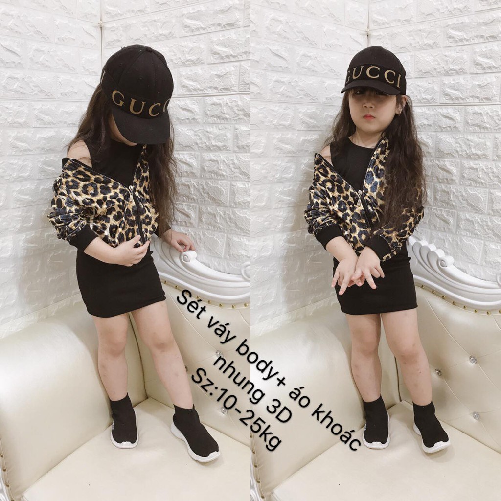 Set áo khoác nhung + váy body dài cho bé gái năng động