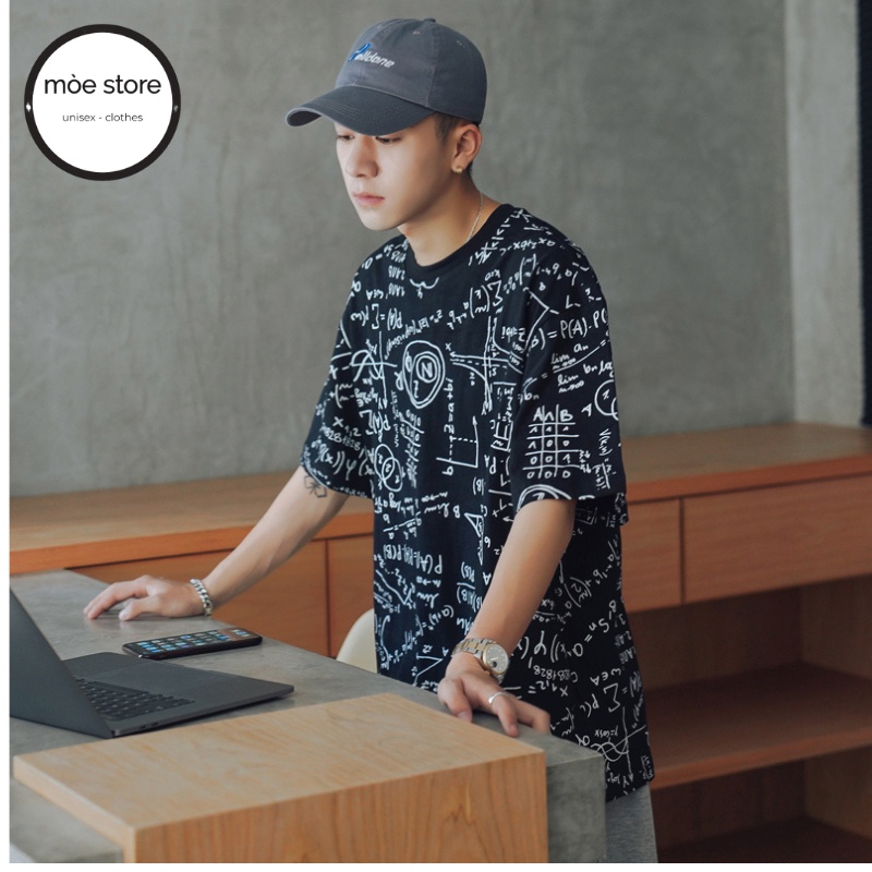 Áo thun tay lỡ Unisex form rộng hình phép tính - mòe store, over size tee