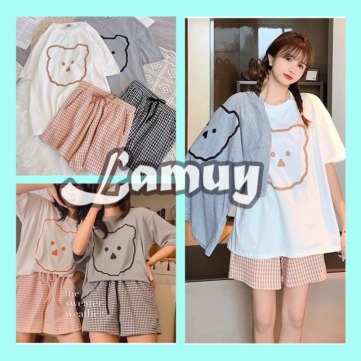 [S027] Bộ cotton đùi kẻ gấu, Bộ quần đùi kèm áo phông gấu siêu đẹp