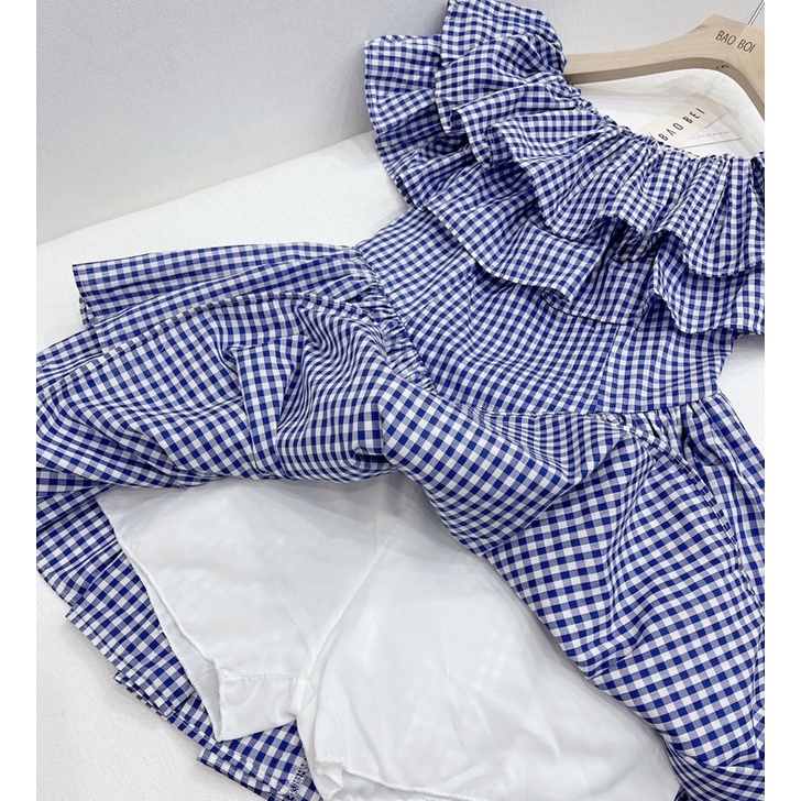 Váy Xinh Caro Xanh Trễ Vai - Váy Tầng Dáng Xoè Ulzzang Style (Hàng Loại 1)