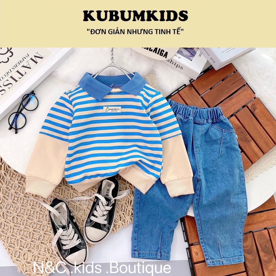 TẾT 2023: Sét QUẦN ÁO, BỘ QUẦN JEAN ÁO KẺ PEEKABOO cổ bẻ cho bé trai 9-22kg
