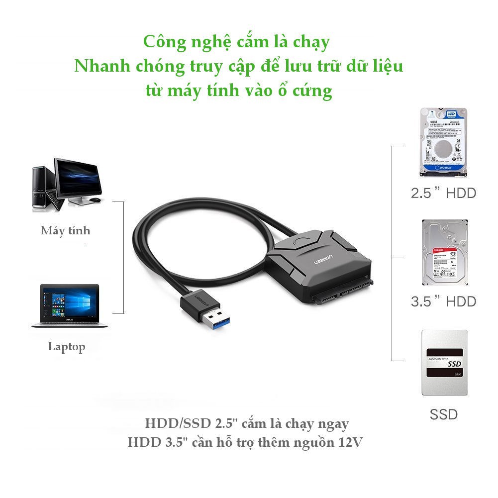 Cáp USB 3.0 To Sata Ugreen 20611,20231 Dùng Cho HDD/SSD 2,5&quot; 3,5&quot; Có Nguồn Phụ