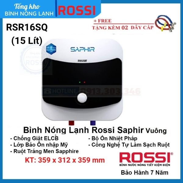 Bình nóng lạnh gián tiếp Rossi Saphir Vuông RS16SQ, chính hãng, bảo hành 7 năm toàn quốc, tân á đại thành online