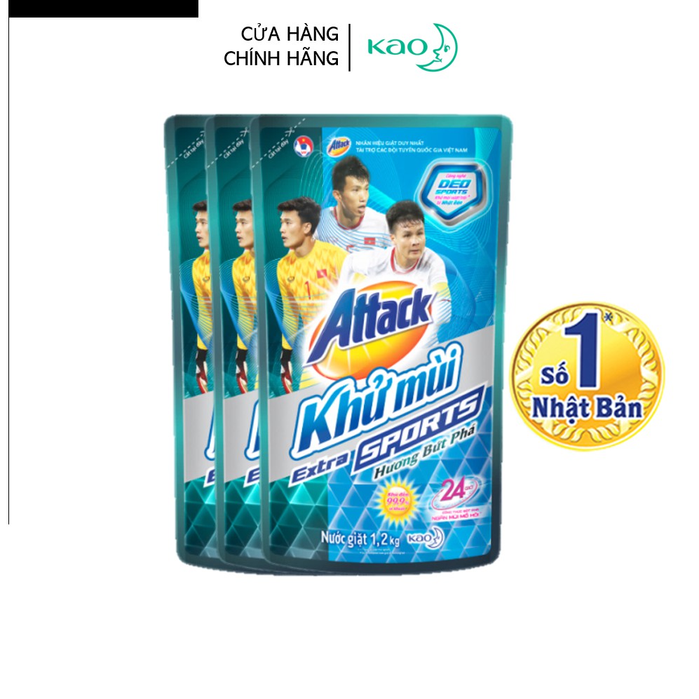 Combo 3 túi nước giặt Attack Khử Mùi Extra Sport Bứt Phá túi 1.2kg