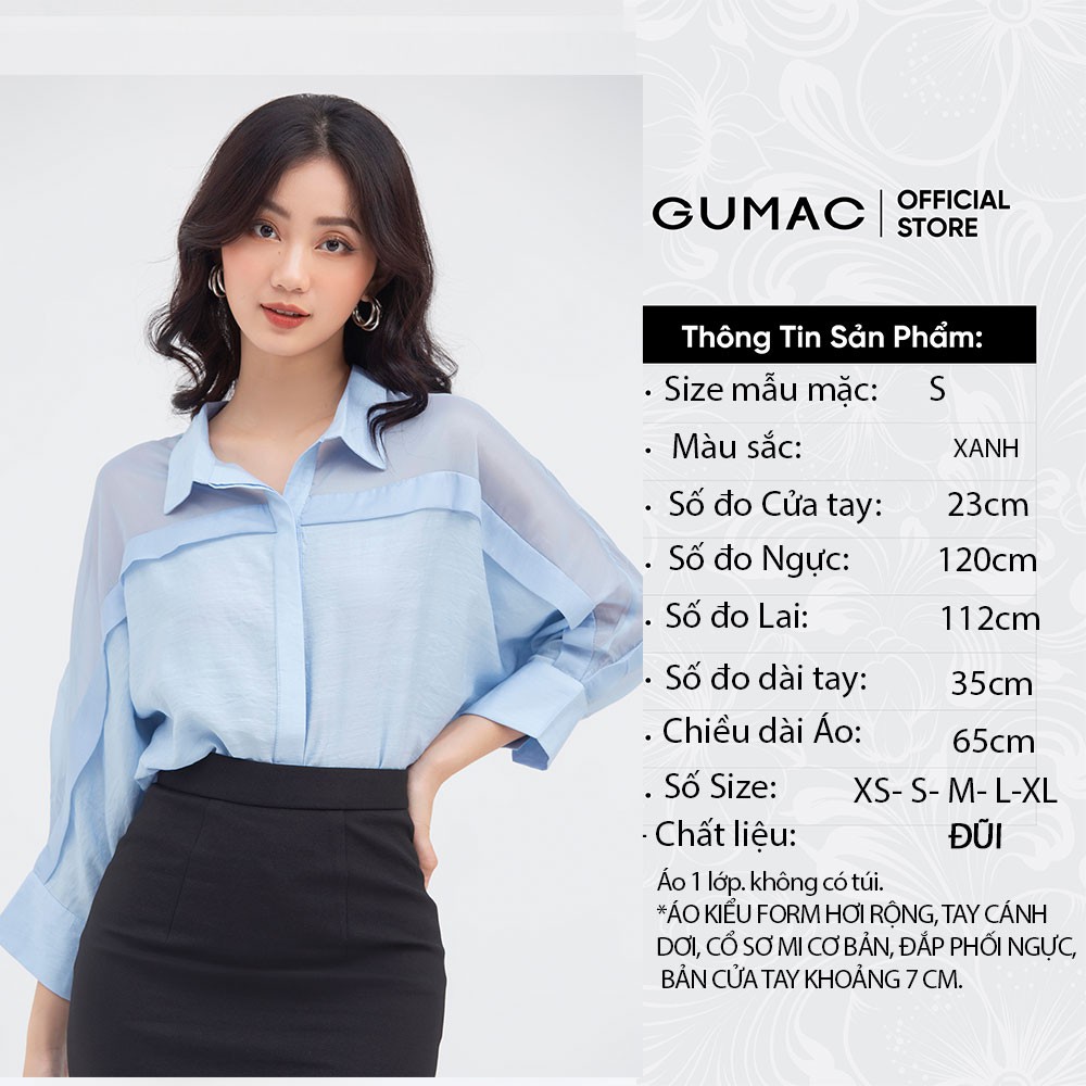 Áo sơ mi nữ giấu nút GUMAC màu xanh hàn quốc đẹp AB831