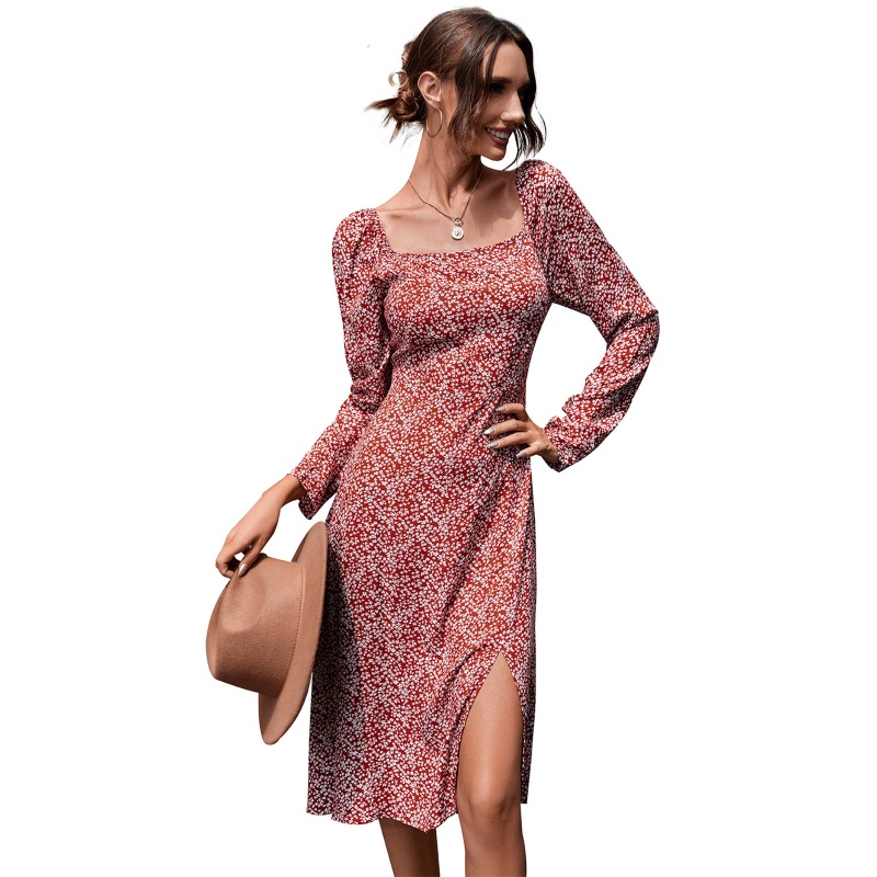 Đầm Midi Dáng Dài Cổ Vuông Tay Dài In Họa Tiết Hoa Sang Trọng Thời Trang Cho Nữ