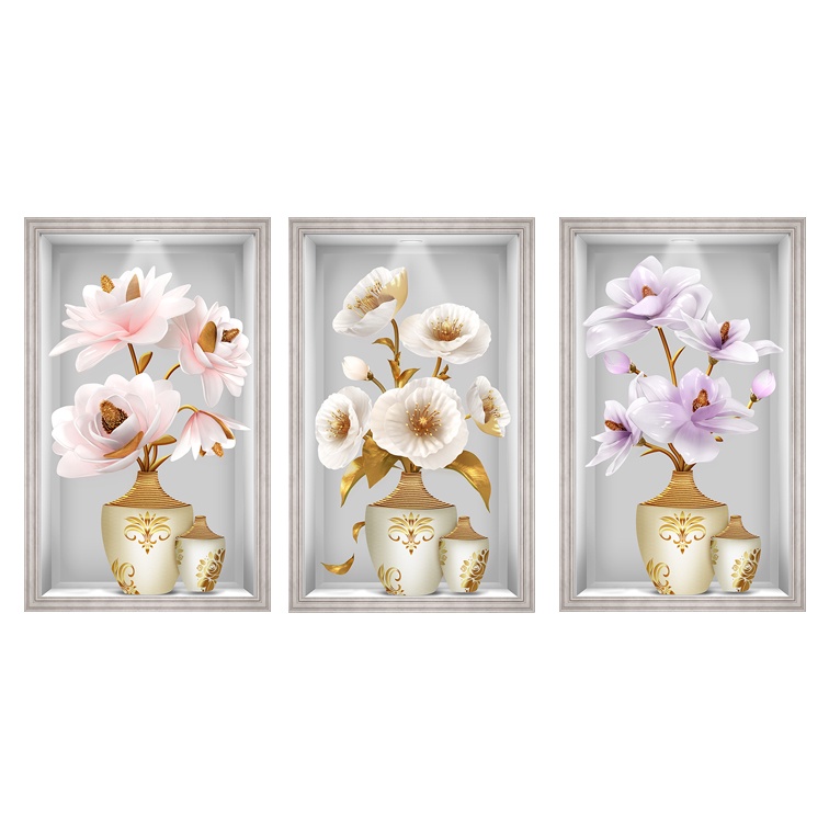 Tranh dán tường ô 3D bộ 3 bình hoa đẹp CB3H kim sa
