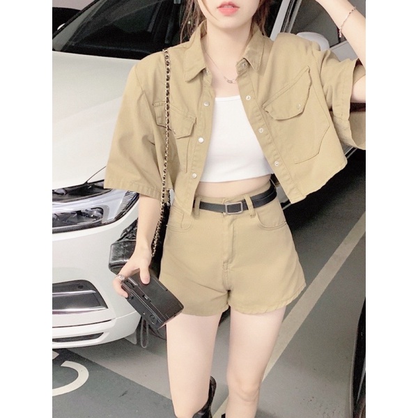 Set Kaki 3 Món Quảng Châu, Áo crotop mix quần short Kaki kèm áo 2 dây (loại 1)