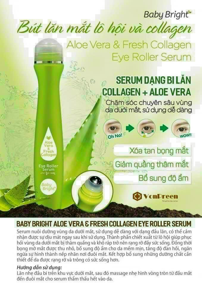 [Ảnh thật] Cây Lăn Mắt Lô Hội Collagen Tươi Baby Bright Aloe Vera & Fresh Collagen Eye Roller Serum 15ml