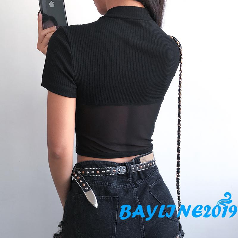 Áo Croptop Tay Ngắn Phối Lưới Xuyên Thấu Quyến Rũ