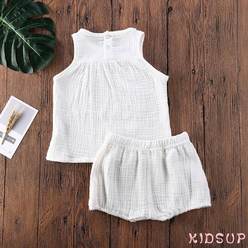 Bộ Áo Thun Không Tay Màu Trơn + Quần Short Vải Lanh Cotton Dành Cho Bé Trai Và Bé Gái