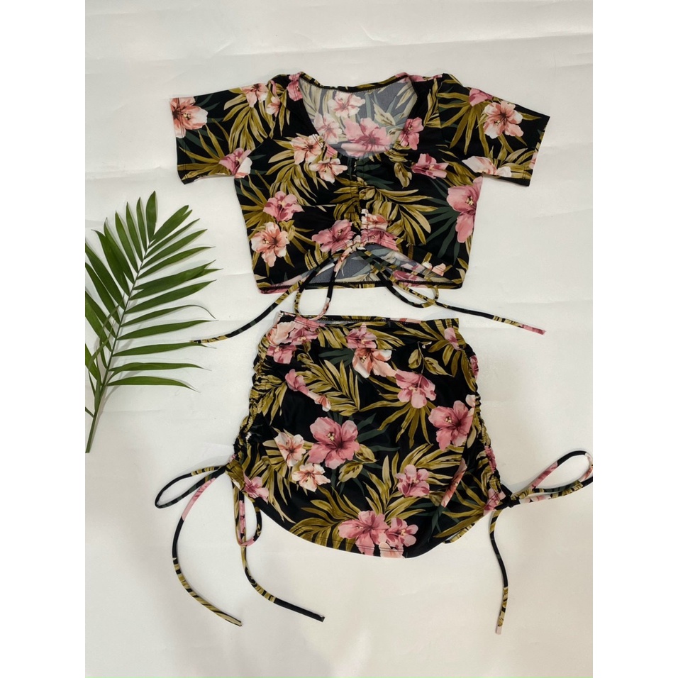 Bikini Đi Biển Tay Ngắn Dây Rút Phối Sọc, Đồ Bơi 2 Mảnh Tay Ngắn Kèm Váy Rút Hông [Ảnh Chụp Thật] - OS084