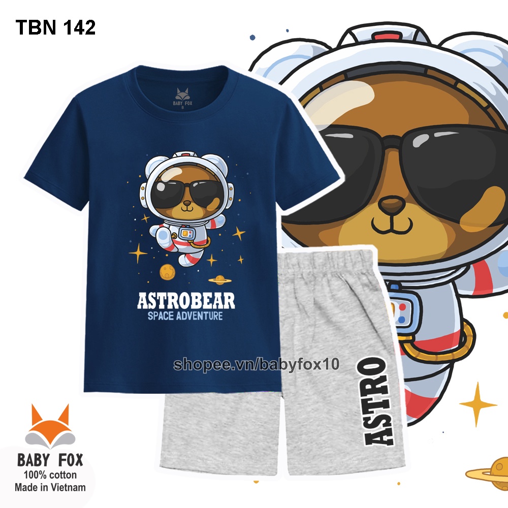 Bộ bé trai size nhí, trung, đại 100% cotton loại tốt, thương hiệu BABY FOX, hình vũ trụ, size 10-55kg g