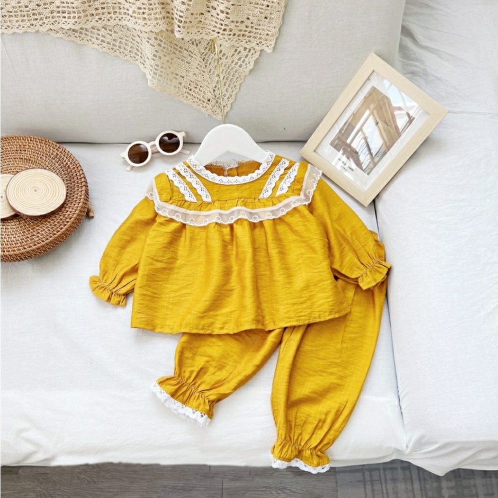 Bộ bé gái đũi dài tay dáng bèo phối ren cho bé từ 8-20kg