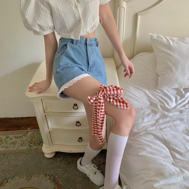 Quần short denim JSC lưng cao ống rộng phối ren phong cách Nhật Bản dễ thương cho nữ