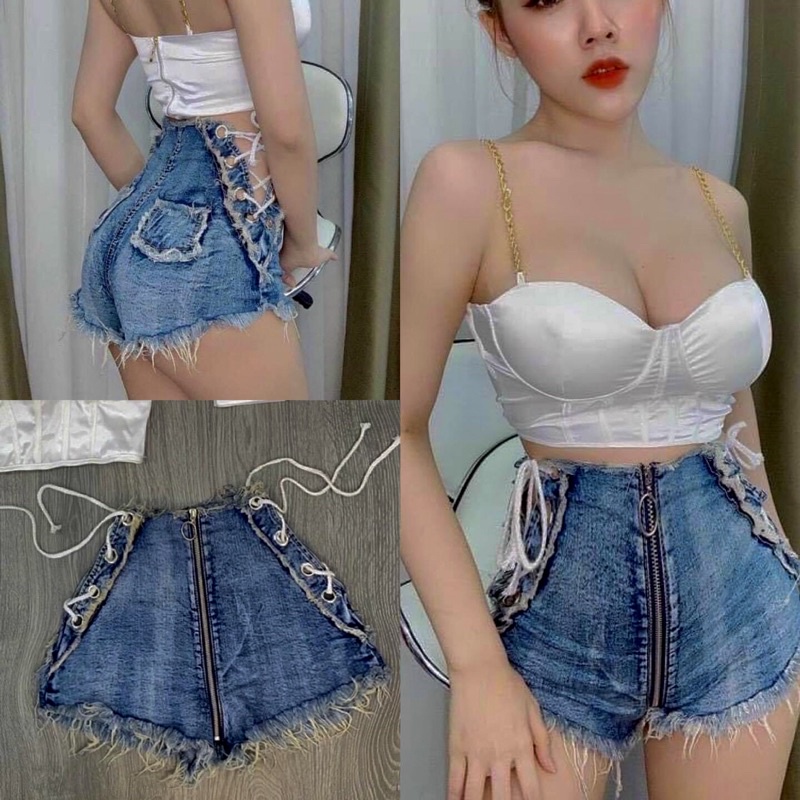 Quần sooc jean nữ đabn dây cạp cao co giãn sexy tôn dáng