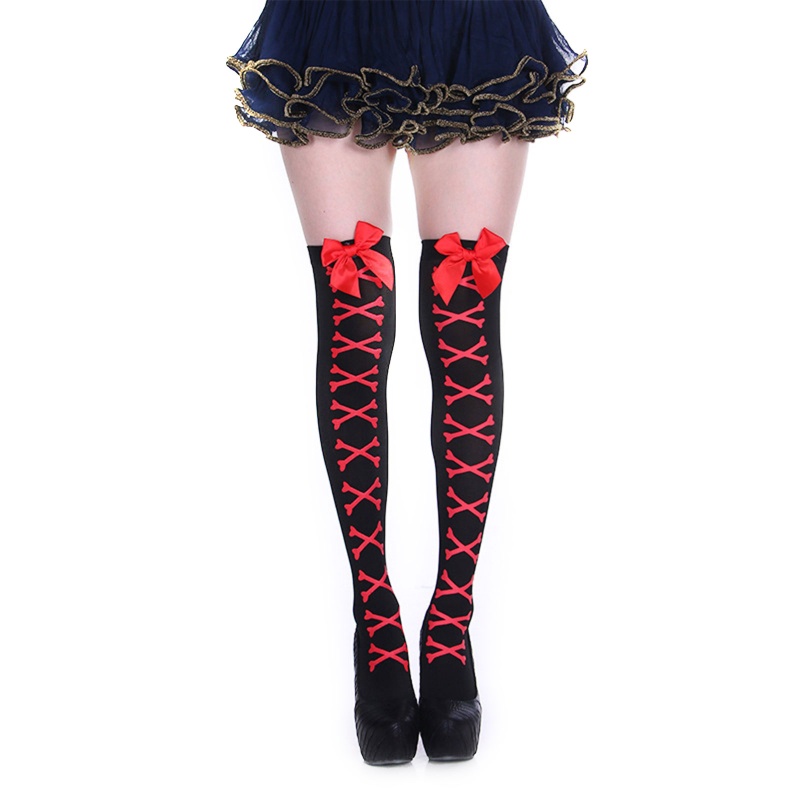 Tất Dài Qua Gối Đính Nơ Họa Tiết Mạng Nhện Máu Dơi Phong Cách Gothic Punk Hóa Trang Halloween Cho Nữ