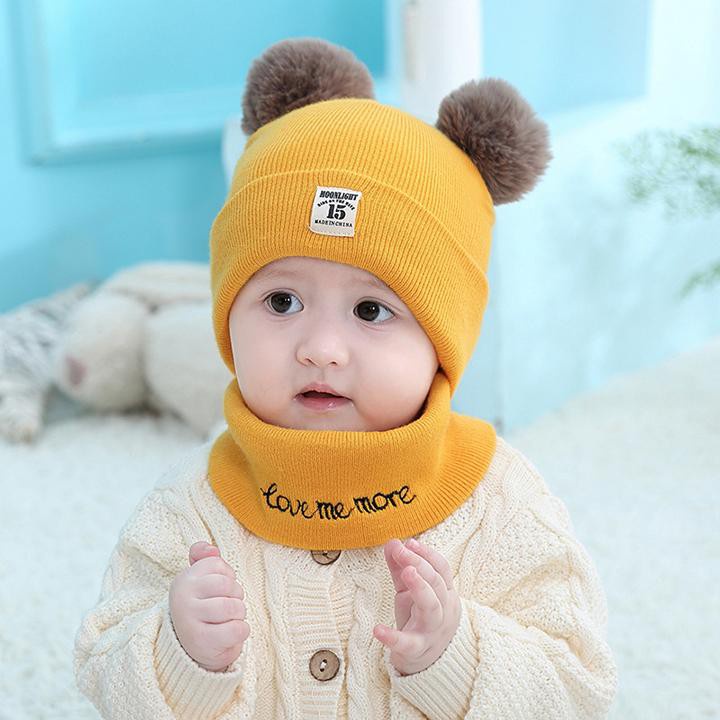 Set Mũ len hai quả bông kèm khăn ống siêu yêu cho bé