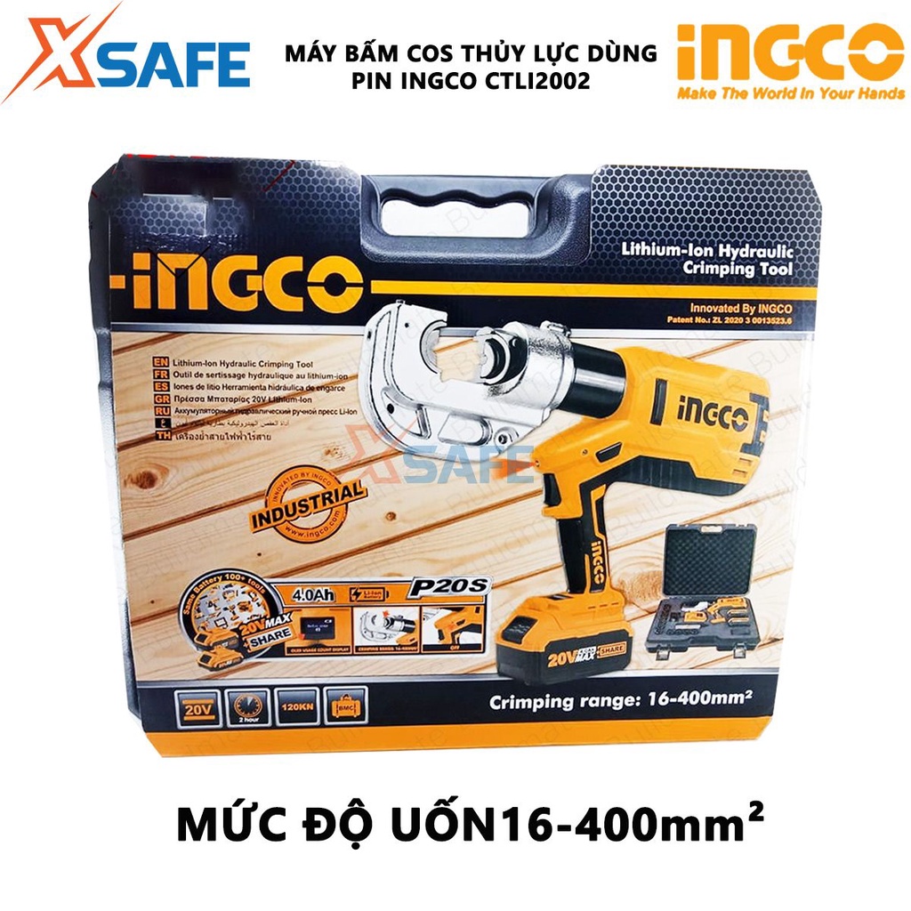 Máy ép cos thủy lực dùng pin INGCO CTLI2002 điện áp 20V, lực ép 12KN, kèm 2 pin Lithium-Ion 20V/4.0Ah