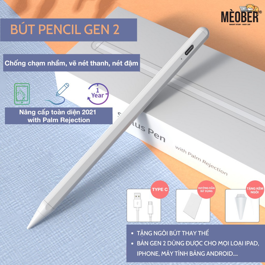 Bút cảm ứng Stylus Pencil Gen 2 - Chống chạm nhầm, vẽ nét thanh đậm, ghi chú dành cho iPad Pro 11, 12.9, Air3 4, Gen7 8