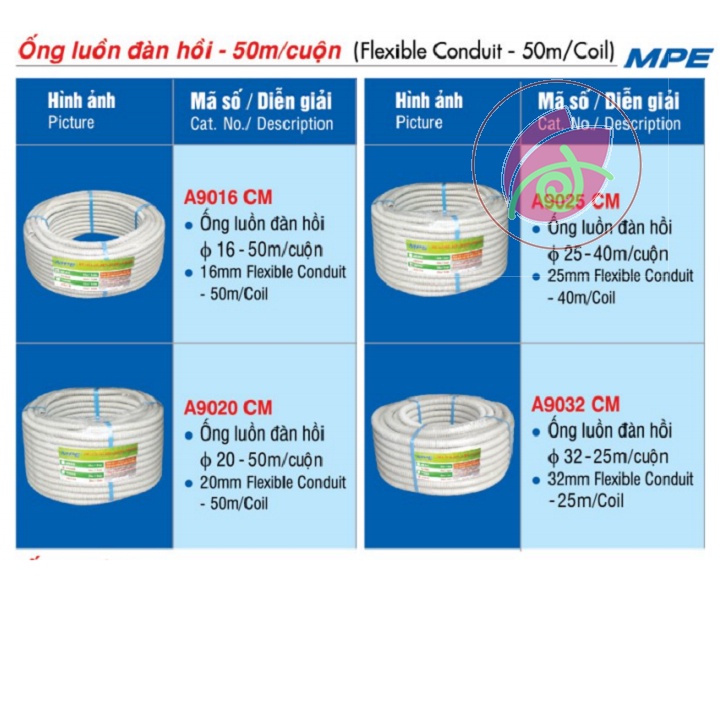 [BÁN LẺ 1 MÉT] RUỘT GÀ,ỐNG LUỒN ÂM TƯỜNG PHI 16 20 25 32 MPE A9016CT A9020CT A9025CT A9032CT