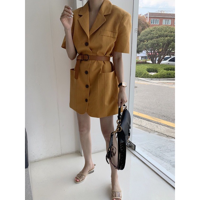 Đầm Nữ Cổ Sơ Mi Màu Cam Phong Cách Hàn Quốc