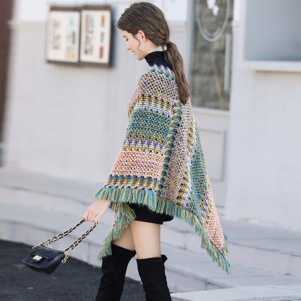 Áo Choàng Sweater Dệt Kim Dáng Rộng Kẻ Sọc Kiểu Dân Tộc Tây Tạng Qinghaihu Thời Trang Thu Đông