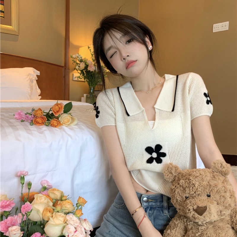 Áo thun polo NZN dệt kim tay ngắn phong cách retro thời trang dành cho nữ