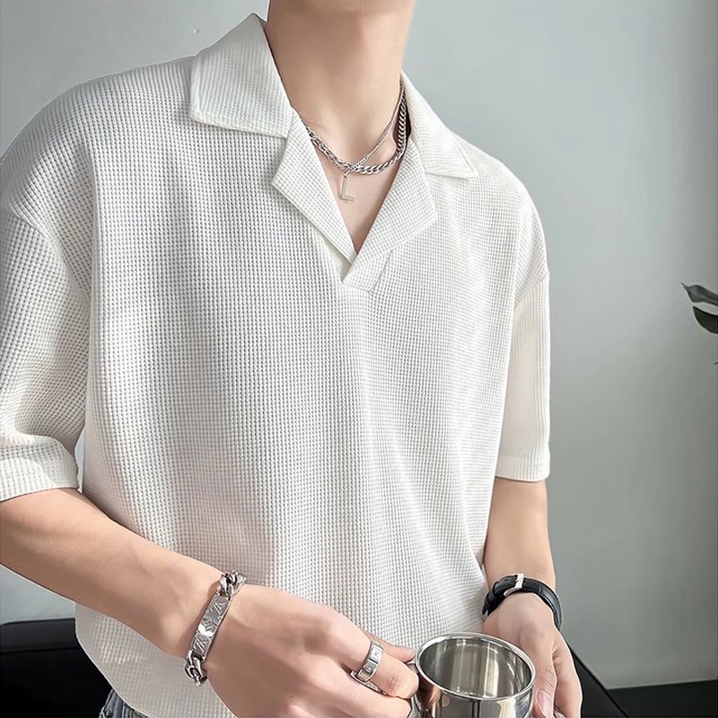 Áo polo Tay Ngắn Cổ Chữ V Màu Trơn Dáng Rộng Phong Cách Hàn Quốc Thời Trang Cho Nam