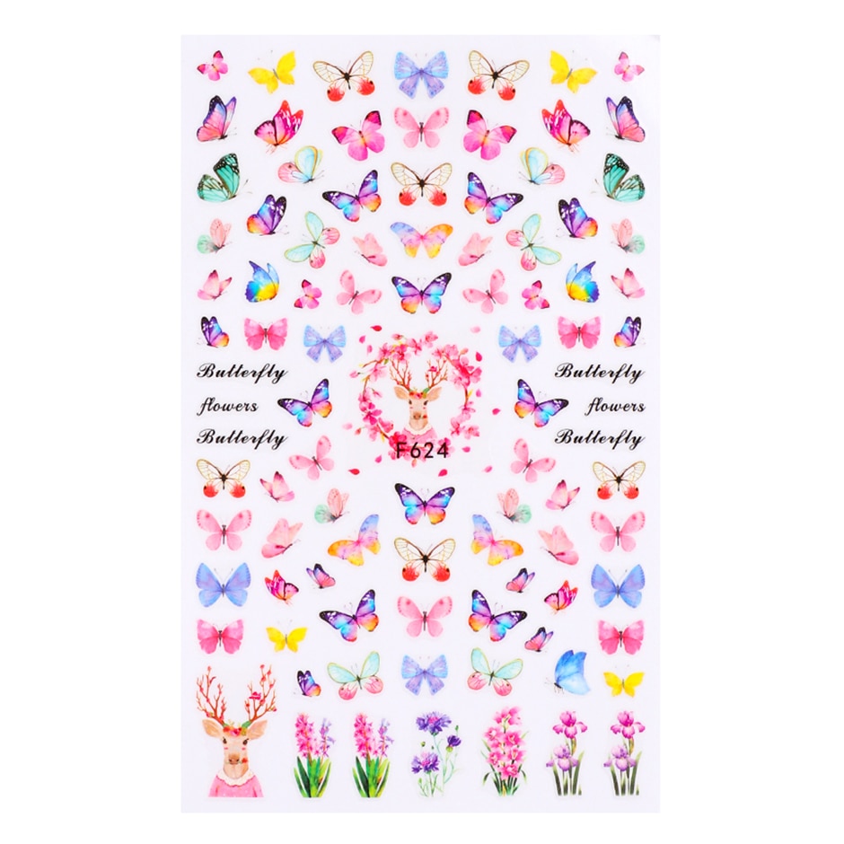 Nhãn dán trang trí móng tay in họa tiết bươm bướm/hoa hồng 3D nhiều màu sắc